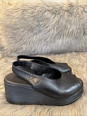 Lonza Black Leather Platform Slingback Women's Shoes Size 38